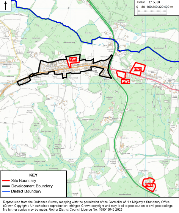 Planning map showing proposed site and development boundaries within Flimwell, roads, waterways, and wooded areas. Red outlines mark FW1–FW4 sites, black line marks development boundary, blue line marks district boundary, with FW1 as largest central site and FW2–FW4 as smaller eastern and southern sites; legend, north arrow, and 1:1,500 scale bar provide orientation.

