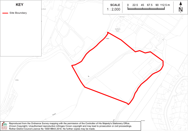BX21 Site-location map showing a proposed development area outlined by a red site boundary over an Ordnance Survey base map. Map includes key, 1:2,000 scale bar, north arrow, roads, buildings, and surrounding land features.


