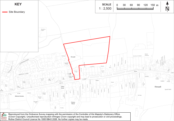 FW1 Site-location map showing a proposed site boundary within an urban residential area. Red outline marks irregular development parcel, with streets, property footprints, labels, 1:2,500 scale bar, north arrow, and map key.
