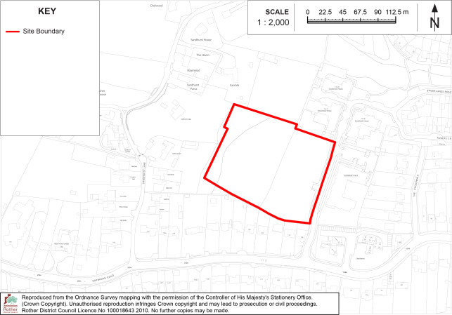 BX22 Site location map showing a red-outlined development boundary amid surrounding roads, buildings, and residential areas. Key includes red site-boundary line, 1:2,000 scale bar, north arrow, and Ordnance Survey attribution.

