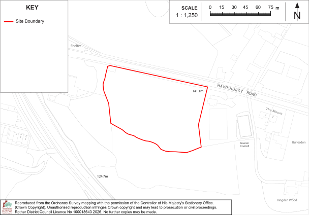FW2 Site location map showing a proposed site boundary near Hawkhurst Road, with surrounding buildings, roads, and terrain. Red outline marks boundary; map includes north arrow, 1:1,250 scale bar, contour elevations at 141.1 m and 124.7 m, and location key.

