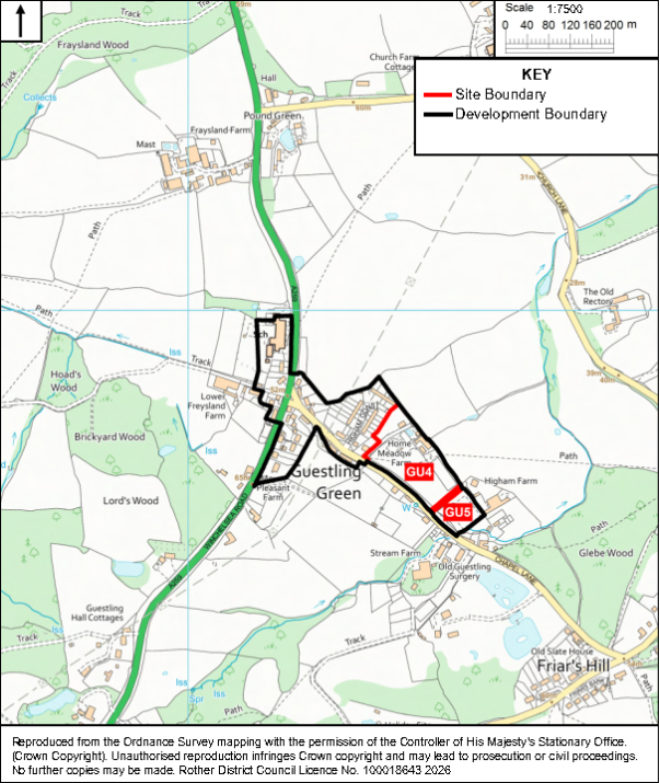 Location map shows proposed development sites GU4 and GU5 around Guestling Green, with red site boundaries and black development boundary. Ordnance Survey base map includes roads, settlements, fields, woodland, streams, north arrow, and 1:7,500 scale bar.