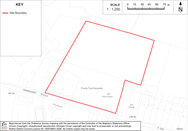 FW3 Site plan map outlines a proposed site boundary along Hawkhurst Road near Cherry Tree Nurseries and Old Police House. Red line marks boundary, while map includes 1:1,250 scale bar, north arrow, surrounding buildings, roads, and nearby distance labels.
