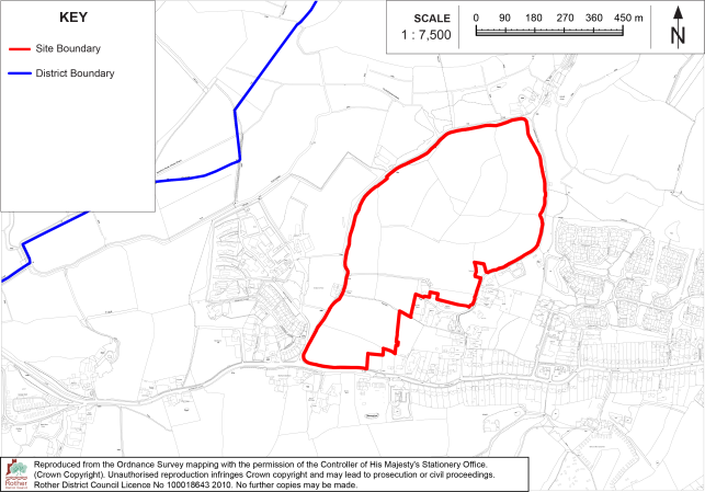 BX24 Site boundary map showing a red outlined area and blue district boundary over a detailed street and land-use base map. Key includes red and blue line symbols, 1:7,500 scale bar, north arrow, and Ordnance Survey copyright information.

