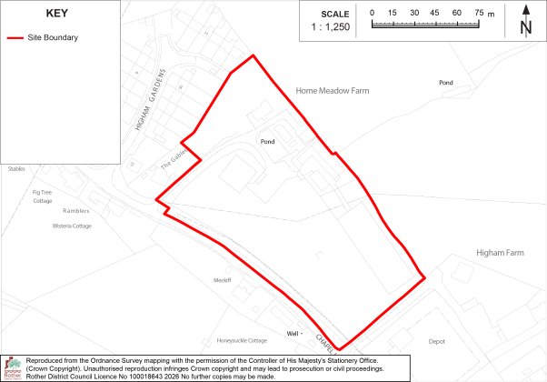 GU4 Site boundary map showing a proposed development area near Home Meadow Farm and Higham Farm. Red outline marks boundary, with roads, ponds, nearby properties, 1:2,500 scale bar, and north arrow.