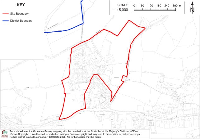 BX25 Site-boundary map showing a proposed or designated area within surrounding streets, buildings, and rural land. Red outline marks site boundary, blue line marks district boundary, with north arrow, key, and 1:5,000 scale bar providing orientation and distance reference.

