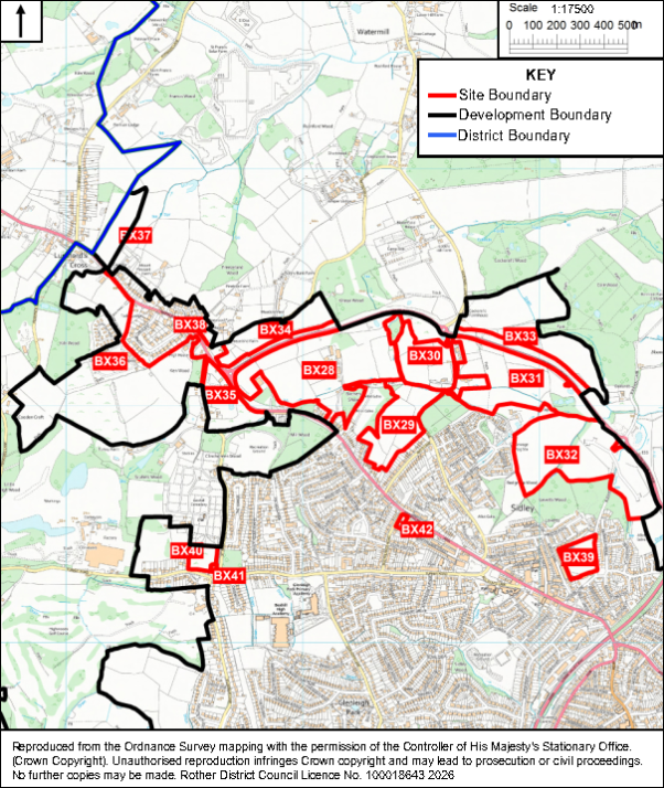 Planning map shows site, development, and district boundaries across North Bexhill Growth Area for development-planning purposes. Red outlines mark labeled sites BX28–BX42, black lines mark development boundaries, blue lines mark district boundaries, and a key plus 1:17,500 scale appear upper right.

