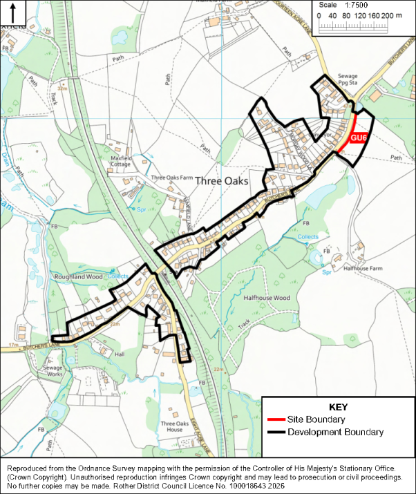 Planning map showing proposed development boundaries around Three Oaks and nearby farmland, woodland, ponds, roads, and buildings. Red line marks site boundary, black line marks development boundary, with labels for Sewage Pumping Station, GUG, Three Oaks Farm, scale bar, north arrow, and key.