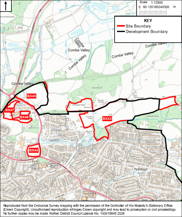 Map showing proposed development sites around Combe Valley and Pebsham, with red site boundaries enclosed by a black development boundary. Labels BX43, BX44, BX45, BX46, and BX47 identify sites near existing residential areas, roads, woodland, and farmland; north arrow and 1:12500 scale appear above.
