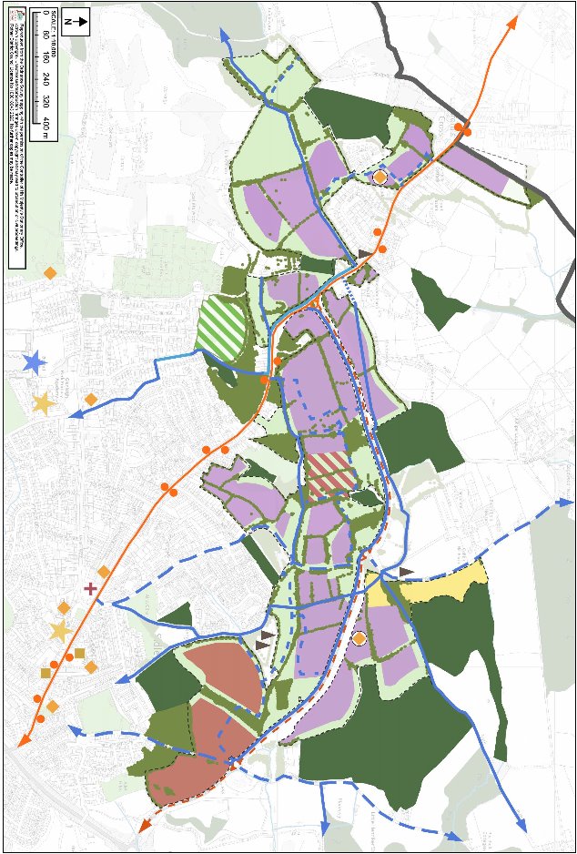 Planning and land-use map showing a large urban redevelopment area, surrounding neighborhoods, parks, waterways, and transportation corridors. Purple and green parcels dominate, with dashed blue routes, orange transit corridor, directional arrows, and star markers highlighting connections, movement patterns, and priority sites.

