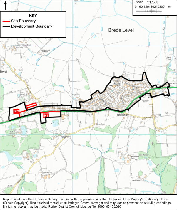 Planning map shows proposed development area around Icklesham, with surrounding roads, fields, waterways, and settlements. Red outlines mark site boundaries, black outline marks development boundary, and labels IK1 and IK2 identify western parcels; Brede Level and scale bar provide geographic context.