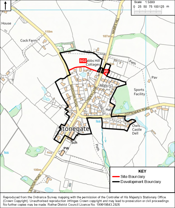 Planning map showing Stonegate village, surrounding roads, buildings, paths, fields, water features, and nearby landmarks. Red lines mark site boundaries around SG2 at Crabs Hill Cottages and a smaller SG area, while black lines mark development boundaries; legend and 1:5,000 scale appear at upper right.

