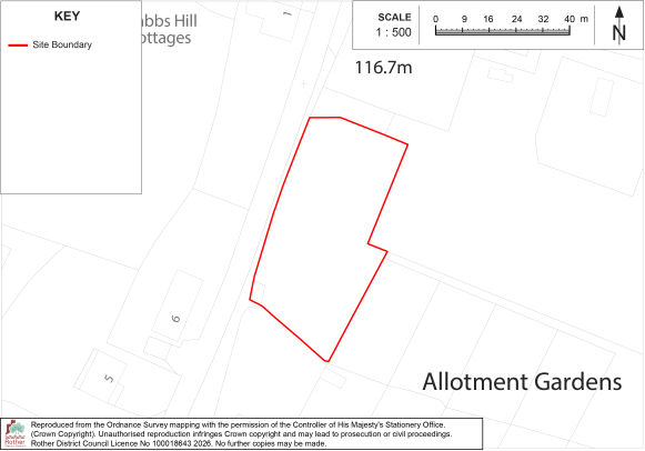 SG1 Site-location map shows a proposed site boundary within a residential area near Allotment Gardens. Red outlined polygon marks site, with 1:500 scale bar, north arrow, 116.7m label, surrounding property footprints, and key identifying Site Boundary.

