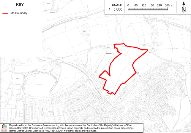 BX29 Site-boundary location map showing a red outlined development area amid surrounding roads, fields, and residential neighborhoods. Key identifies red site boundary; scale bar spans 0–300 m, with north arrow and Ordnance Survey mapping attribution.

