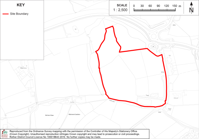 BX30 Site-boundary map showing a proposed or surveyed site within surrounding roads, fields, buildings, and gardens. Red outline marks site boundary; map includes 1:2,500 scale, north arrow, key, and nearby labeled features.

