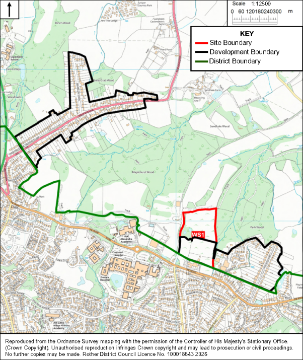 Map showing proposed development boundaries within Hastings Fringes, using an Ordnance Survey base map. Red outlines site boundary, black outlines development boundary, green outlines district boundary, and WS1 marks a designated site near woodland and urban neighborhoods.
