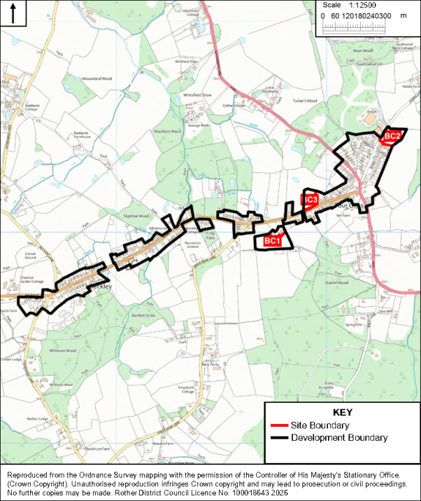 Map showing proposed development and site boundaries across a rural landscape with villages, roads, fields, and wooded areas. Black outlines mark development boundary, red lines mark site boundary, and red labels identify BC1, BC2, and BC3, with scale bar and north arrow included.