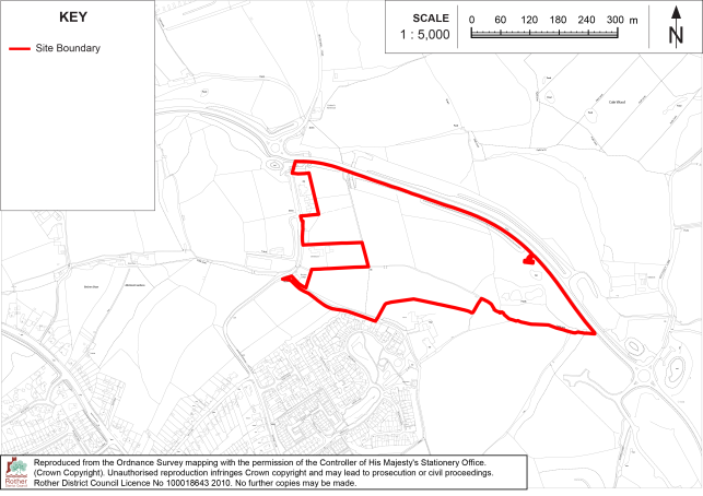 BX31 Site-location map showing a red-outlined proposed site boundary within surrounding countryside and built-up area. Map includes 1:5,000 scale bar, north arrow, key, nearby roads, streets, and topographic features.

