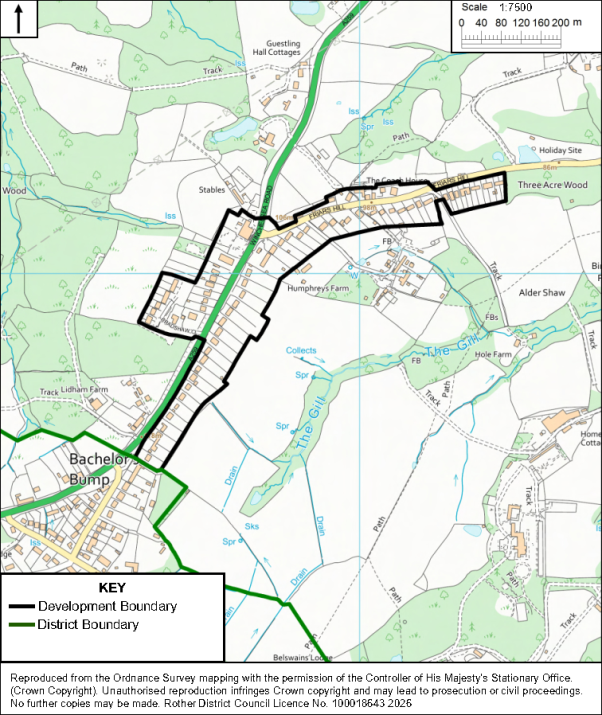 Planning map showing proposed development boundary around Batchelors Bump, extending north toward Three Acre Wood and Holiday Site. Black outline marks Development Boundary, green line marks District Boundary, with roads, buildings, waterways, woodland, field labels, north arrow, and 1:7,500 scale.