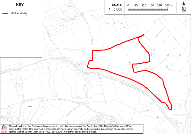 BX33 Site-location map showing a proposed site boundary across rural land and adjacent developed areas. Red outline marks site extent; map includes north arrow, 1:5,000 scale bar, roads, buildings, terrain contours, and Ordnance Survey attribution.

