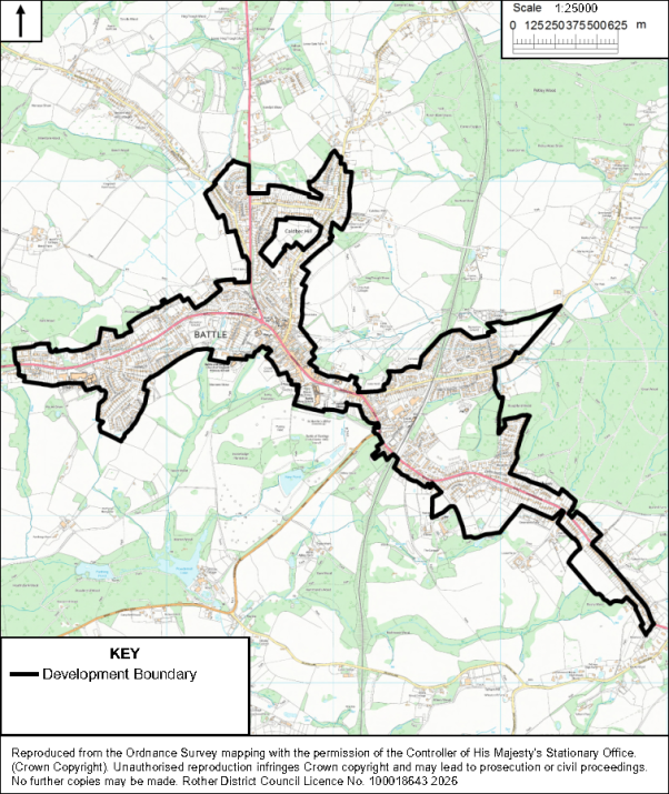 Map showing Battle, England, with black outlined Development Boundary defining settlement limits across surrounding rural areas. Ordnance Survey base map includes roads, fields, woodland, waterways, north arrow, 1:25,000 scale bar, and key identifying boundary.

