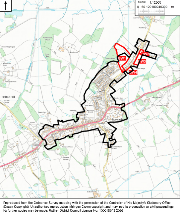 map showing Burwash settlement boundary and surrounding rural landscape, likely for planning or ward-area reference. Thick black outline encloses built-up area, while red outlined zones labeled BW1, BW2, BW3, and BW4 mark northern sites; roads, waterways, fields, woodland, place names, and 1:25,000 scale provide geographic context.