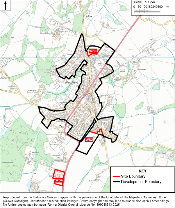 Map showing Westfield development area and surrounding land use, with black development boundaries and red site boundaries labeled WS2, WS3, and WS4. Ordnance Survey base map includes roads, fields, waterways, green spaces, north arrow, scale bar, and legend distinguishing boundary types.