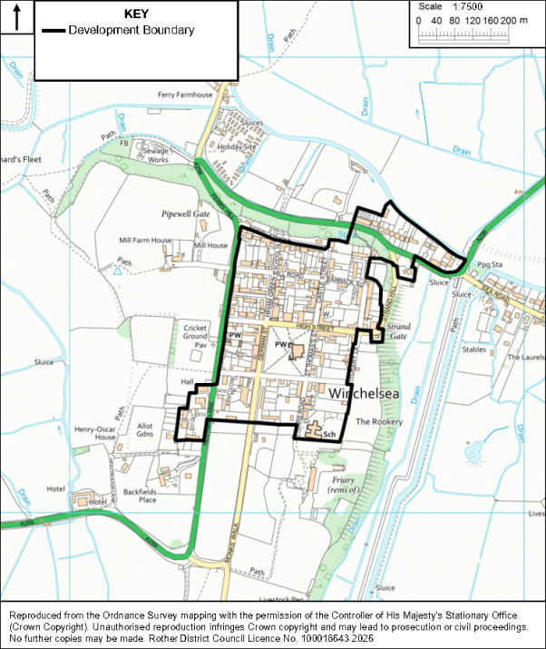 Map showing Winchelsea development boundary, with black outline marking designated area against Ordnance Survey topography. Green corridors, waterways, roads, buildings, named sites, and 0–200-meter scale provide planning context.