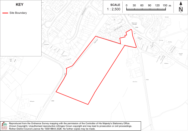 WS2 Site-boundary map showing a red outlined parcel within an urban street and building layout. Map includes key, north arrow, 1:2,500 scale, and 0–150 m scale bar for planning or property-reference purposes.
