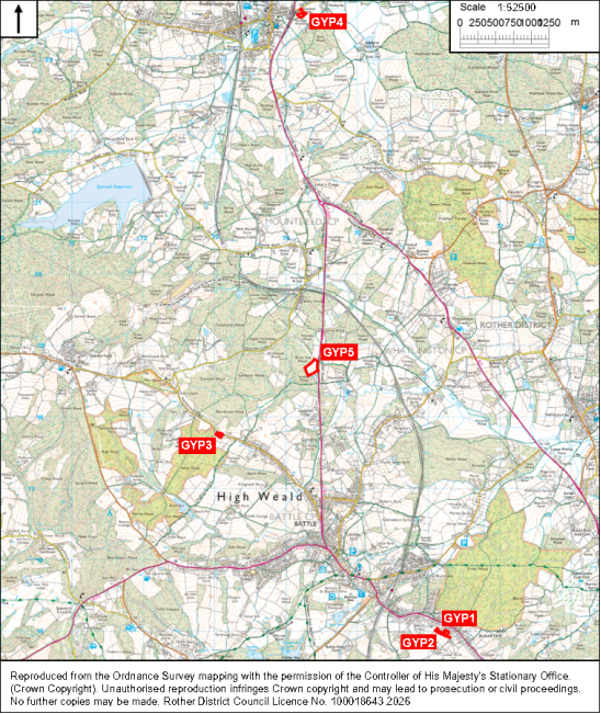 map of Rother District, showing rural terrain, settlements, waterways, roads, and a north–south corridor at 1:25,000 scale. Five red markers labeled GYP1–GYP5 identify locations allocated for gypsies, travellers and travelling showpeople along or near corridor, with north arrow, grid, and scale bar supporting geographic reference.