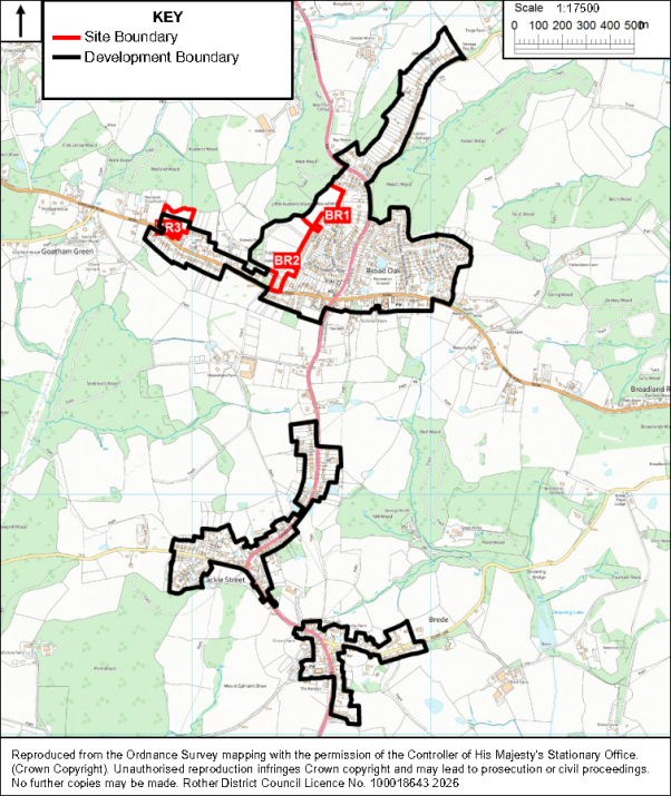 Map showing proposed development areas across Broad Oak, with site boundaries and development boundaries overlaid on an Ordnance Survey base map. Red outlines mark site boundaries, black outlines mark development boundaries, and labels identify BR1, BR2, and R3; a north arrow and 1:17,500 scale bar provide orientation and distance reference.