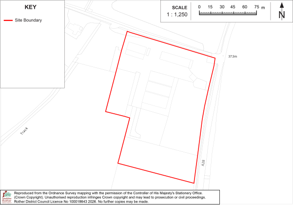 WS4 Site plan map showing a surveyed property area with building footprints, access roads, and surrounding features. Red polygon marks site boundary; map includes key, 1:1,250 scale bar, north arrow, and faint gray layout details.