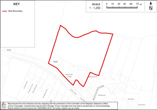 BR3 Site-location map showing a red-outlined site boundary amid nearby roads, properties, and woodland. Map includes pond, Brook Oak Lodge, Little Close, scale bar up to 75 m, north arrow, and Ordnance Survey attribution.
