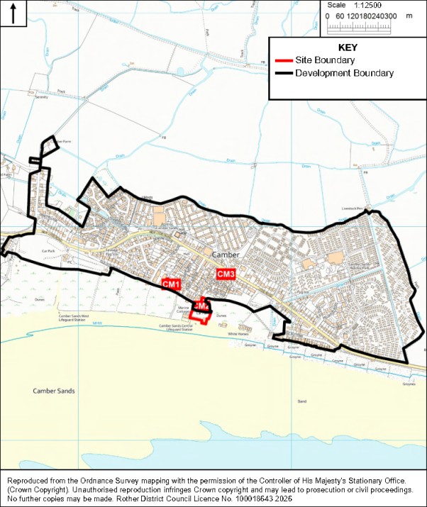 Site location map shows Camber, East Sussex, with black development boundary enclosing settlement and red site-boundary markers labeled CM1, CM2, and CM3. Map includes Camber Sands, coastline, roads, waterways, north arrow, legend, and 1:12,500 scale, highlighting proposed development areas near southern edge.