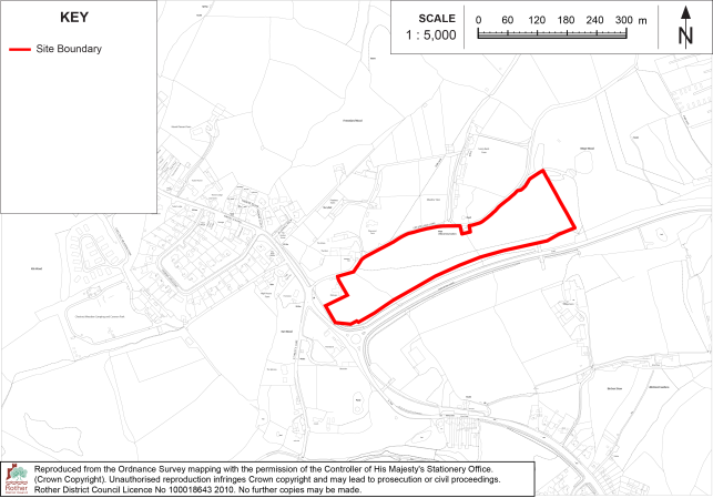 BX34 Site-location map showing a proposed site boundary outlined in red across fields and settlement near a road corridor. Map includes key, 1:5,000 scale bar up to 300 m, north arrow, cadastral features, roads, buildings, and surrounding land parcels.

