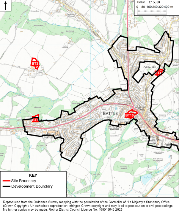 Map showing proposed development boundaries around Battle, England, with labeled sites BT1, BT2, BT3, and BT6. Red lines mark site boundaries, black outlines mark development boundaries, and a key, north arrow, and scale bar provide map context.
