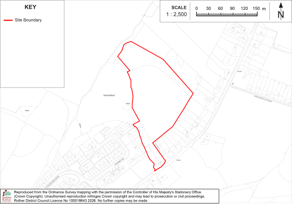 BW1 Site location map showing a red-outlined boundary over an Ordnance Survey base map. Scale 1:2,500, north arrow, 150-meter scale bar, key, surrounding roads, buildings, fields, and site labels provide geographic context.