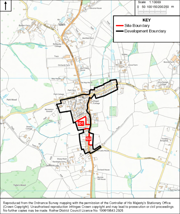Map showing proposed development area around Iden, England, with red site boundary and black development boundary over a detailed topographic base. Red-labeled sections ID1 and ID2 mark notable sites along development corridor, with roads, buildings, streams, fields, woodland, scale, north arrow, and legend included.