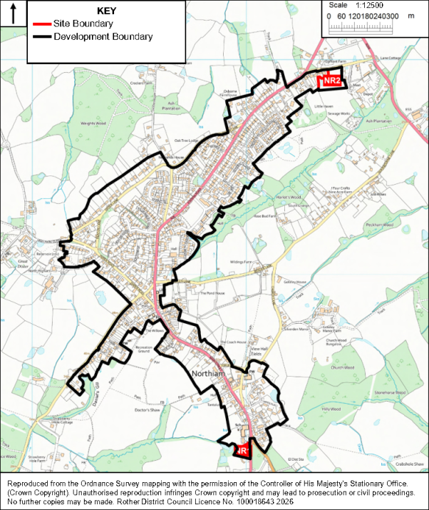 Map showing proposed development boundary and site boundary across Northiam, with surrounding roads, settlements, waterways, and green spaces. Black outline marks development boundary, red lines mark site boundary, and red-labeled NR2 and IR identify key locations.