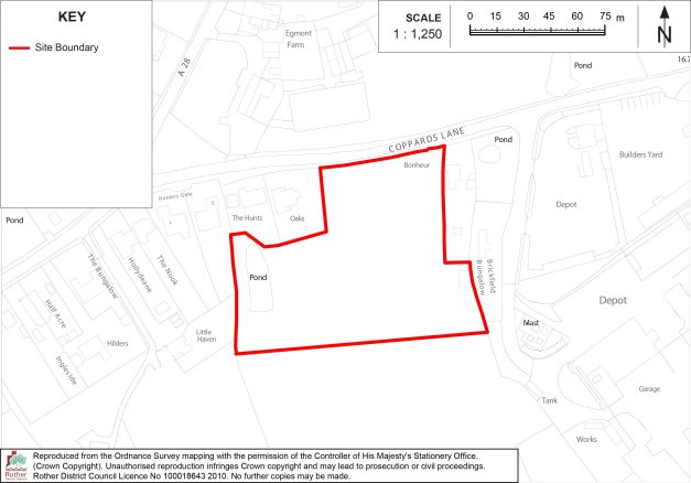 NR3 Site-location map showing red-outlined site boundary near Copperas Lane, with surrounding ponds, depot buildings, mast, roads, and nearby properties labeled. North arrow, 1:1,250 scale bar, key, and Ordnance Survey copyright notice provide orientation, distance, and mapping context.