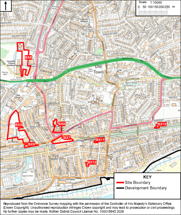Detailed urban planning map shows Old Town and surrounding streets, waterways, and highlighted development parcels labeled BX5–BX12. Red outlines mark site boundaries, black outline marks development boundary, with north arrow, 1:1,000 scale bar, and legend included.
