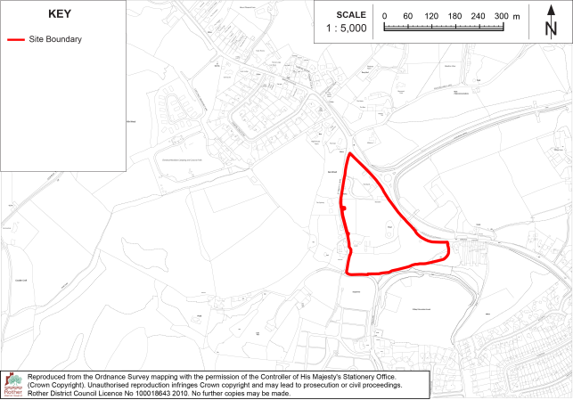 BX35 Site-location map showing a proposed site boundary within a detailed surrounding road, field, and residential area. Red outline marks site boundary; key, 1:5,000 scale bar, north arrow, and Ordnance Survey mapping attribution provide orientation and context.
