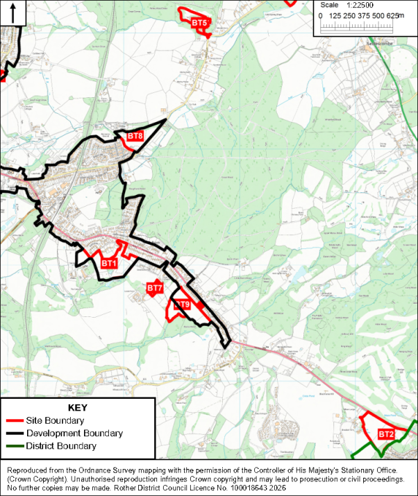 map shows multiple proposed site areas labeled BT1–BT9 across rural and urban landscapes. Key identifies red site boundaries, black development boundaries, and green district boundaries, with north arrow, 1:25,000 scale bar, roads, settlements, woodland, and fields.
