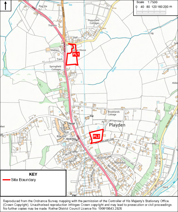 Playden location map marks two red site boundaries: PL1 north of Playden near Springfield Cottages and PL2 inside southern Playden. Labels, roads, buildings, fields, waterways, Site Boundary legend, and 0–200 m scale bar support planning and orientation.