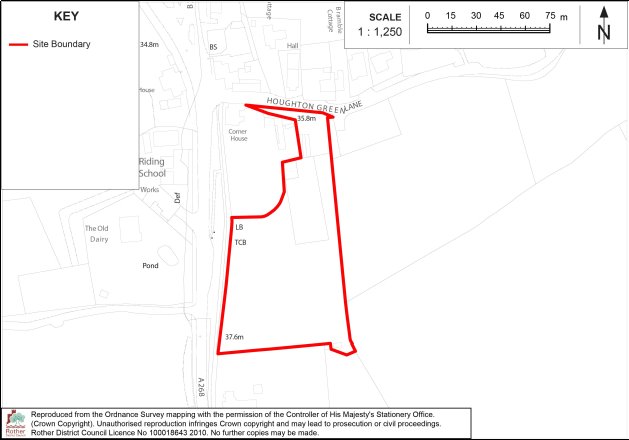 PL1 Site-location map showing red site boundary along Houghton Green Lane near Riding School, Old Dairy, pond, and surrounding buildings. Map includes 1:1,250 scale bar, north arrow, boundary labels, and elevation markers 37.6 m and 38.3
