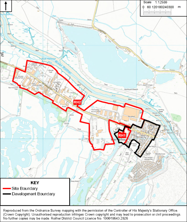 Rye Harbour Ordnance Survey map shows proposed site boundaries along a lakeside and river corridor, with red outlines marking site areas RH1 and RH2. Black outlines identify development boundaries, while blue waterways, pale-blue water bodies, roads, buildings, labels, scale bar, north arrow, and legend provide geographic context.