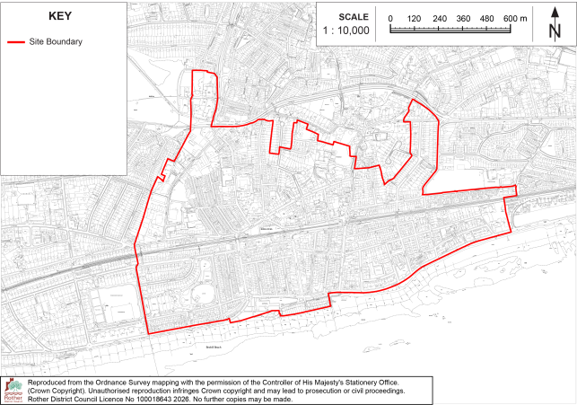 Policy BX1 site boundary map showing a proposed area over a detailed urban street and land-use base map. Red boundary outline spans a broad coastal or riverside area, with key, 1:10,000 scale bar, north arrow, and Ordnance Survey reproduction notice.