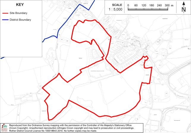 BX36 Map showing a proposed site boundary within a district boundary, likely for planning or land-use reference. Red outline marks Site Boundary, blue line marks District Boundary, with map labels, 1:5,000 scale bar, and north arrow.