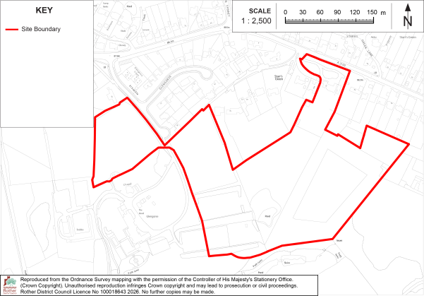 BT1 Ordnance Survey location map showing an irregular site boundary across surrounding streets, buildings, and open land. Red outline identifies boundary, with 1:2,500 scale bar, north arrow, map legend, and nearby labeled features.

