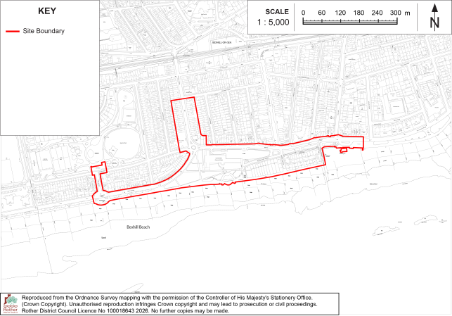 Policy BX2 site-boundary map presents a proposed development area within a detailed coastal plan. Thin red outline traces a long east–west corridor beside Bexhill Beach, with a larger central-northern section; key, 1:5,000 scale bar, and north arrow support orientation.